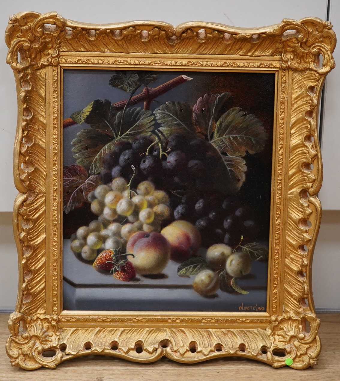 Manner of Oliver Clare, oil on board, Still life of fruit, signed, Ashleigh Gallery label verso, gilt framed, 26 x 22cm. Condition - good